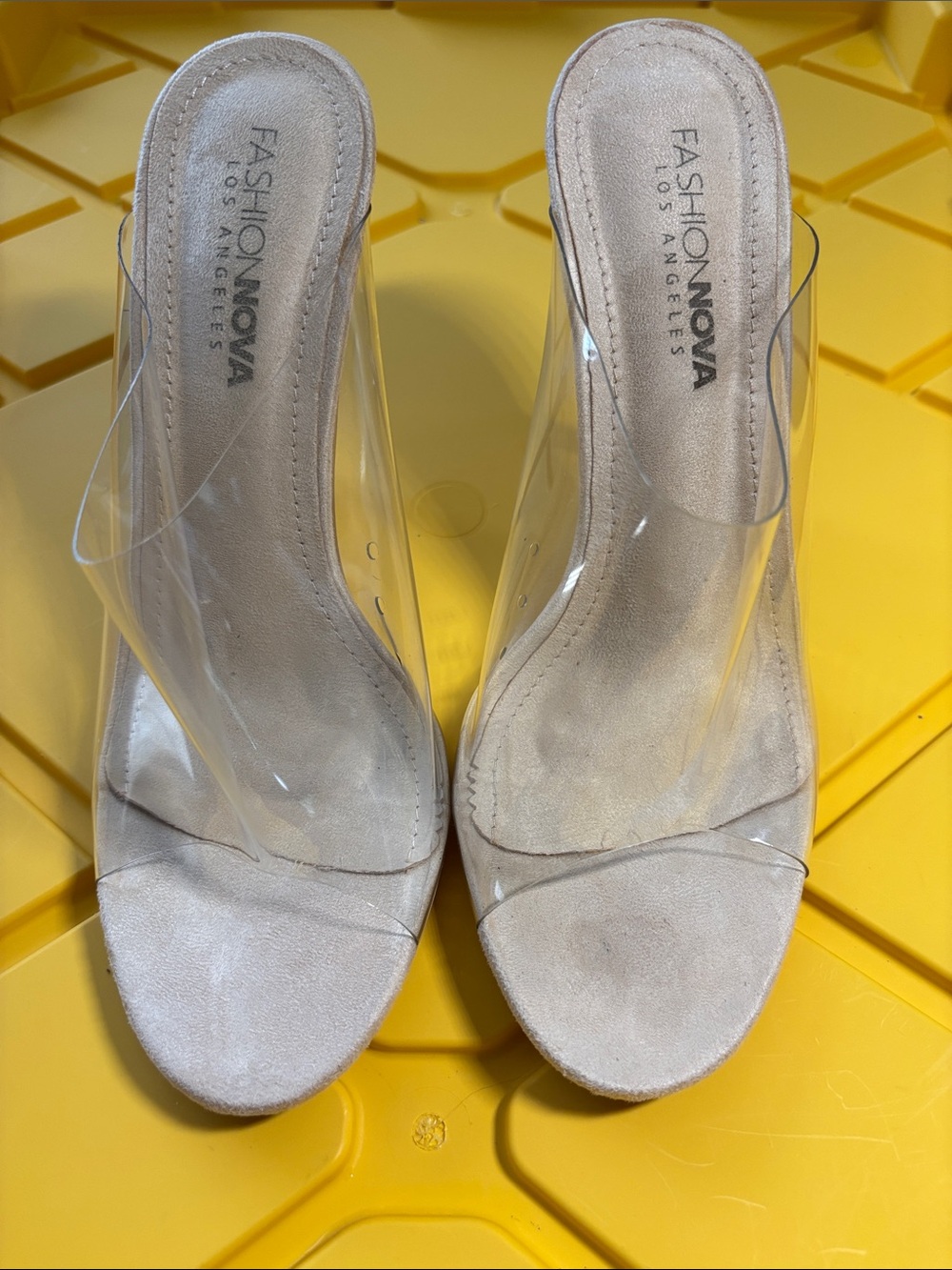 Fashion Nova Clear Strap Mules in Nude/Beige